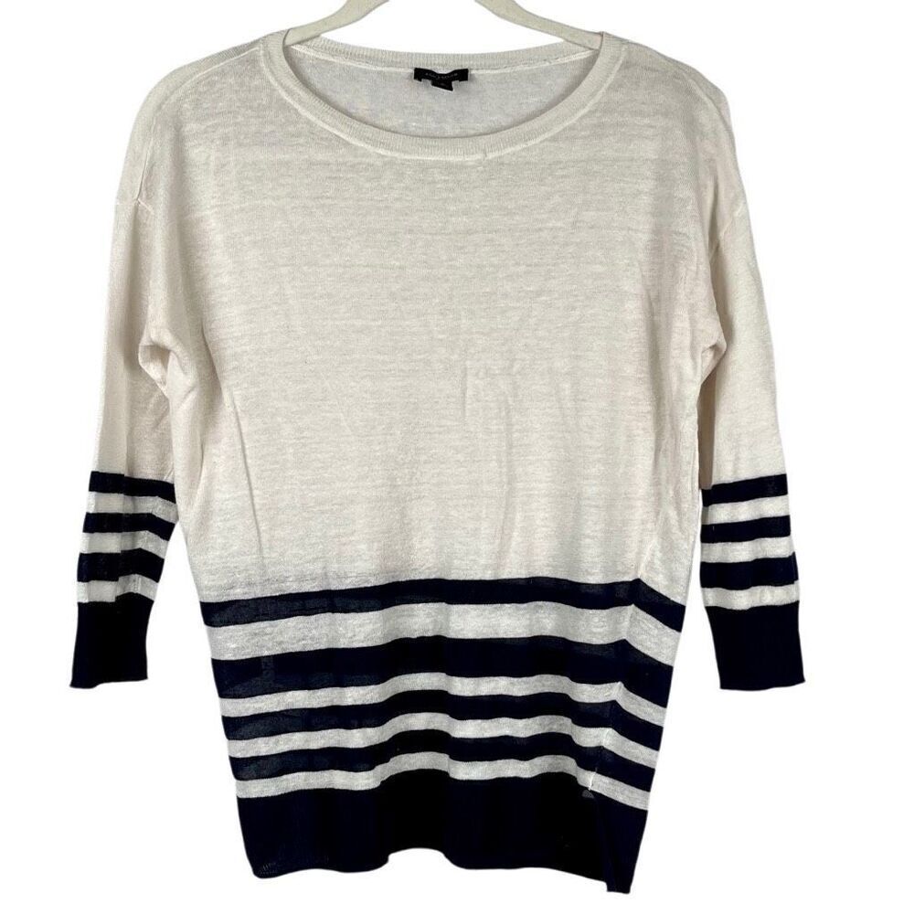 Ann Taylor Lightweight Pullover Ivory Navy Stripe 3/4 Sleeve Sweater Small
